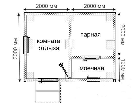 Проекты бань из бруса 3х4 — чертеж Проекты бань из бруса 3х4 — чертеж